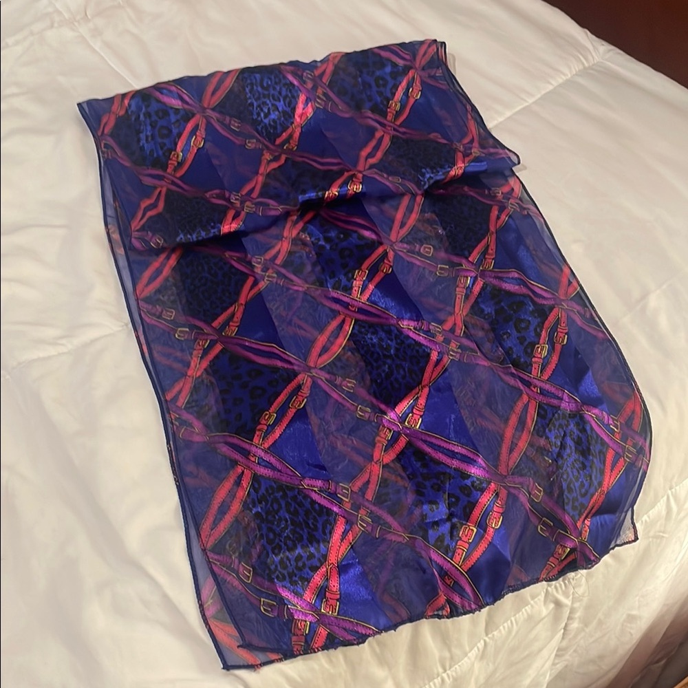 Vibrant Blue and Red Patterned Scarf